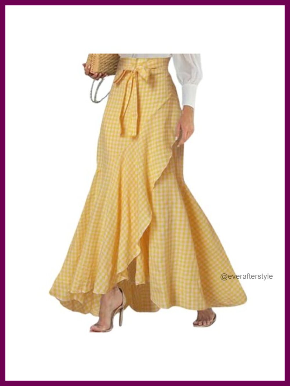 Plaid Mermaid Maxi Skirt A-Line Ruffle Hem High Rise Elastic Waist